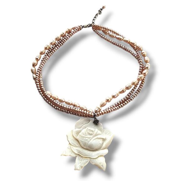 Sterling 925 Carved Mother Of Pearl Rose Pink Genuine Pearl Necklace  Choker - Picture 1 of 10